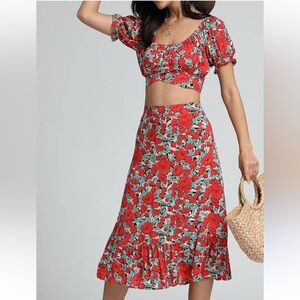 Floral Red and Green Two-Piece Set